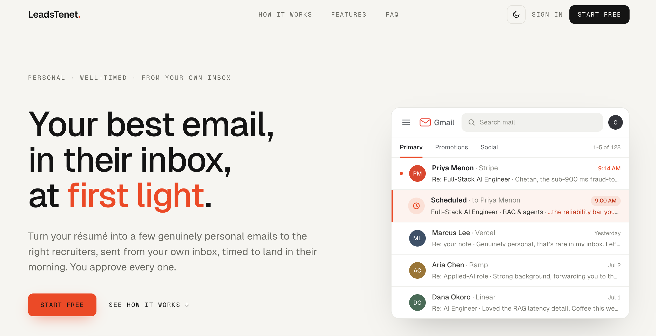 LeadsTenet — Landing hero — light mode
