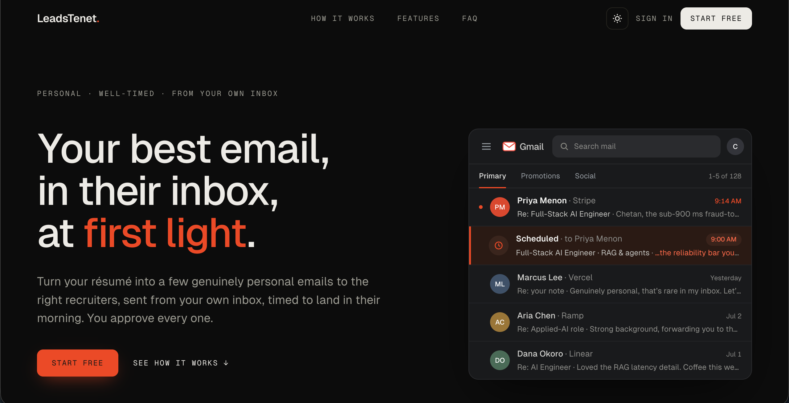 LeadsTenet — Landing hero — dark mode