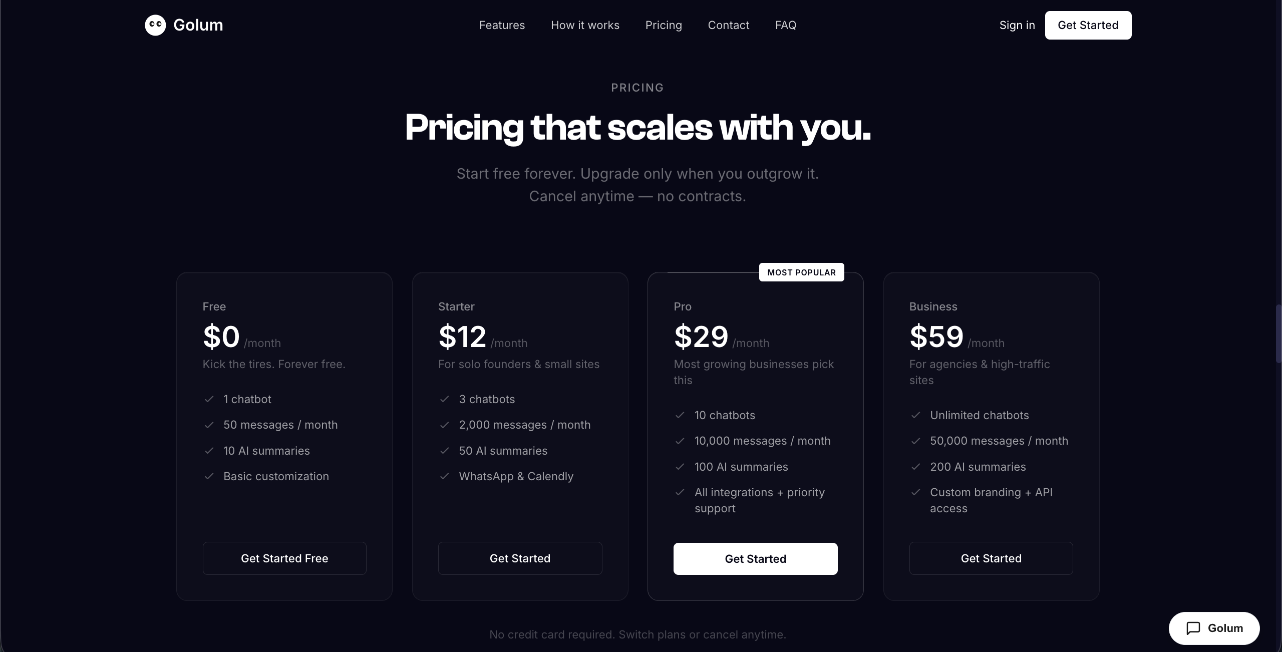 Golum pricing plans: Free $0, Starter $12, Pro $29 most popular, and Business $59 per month