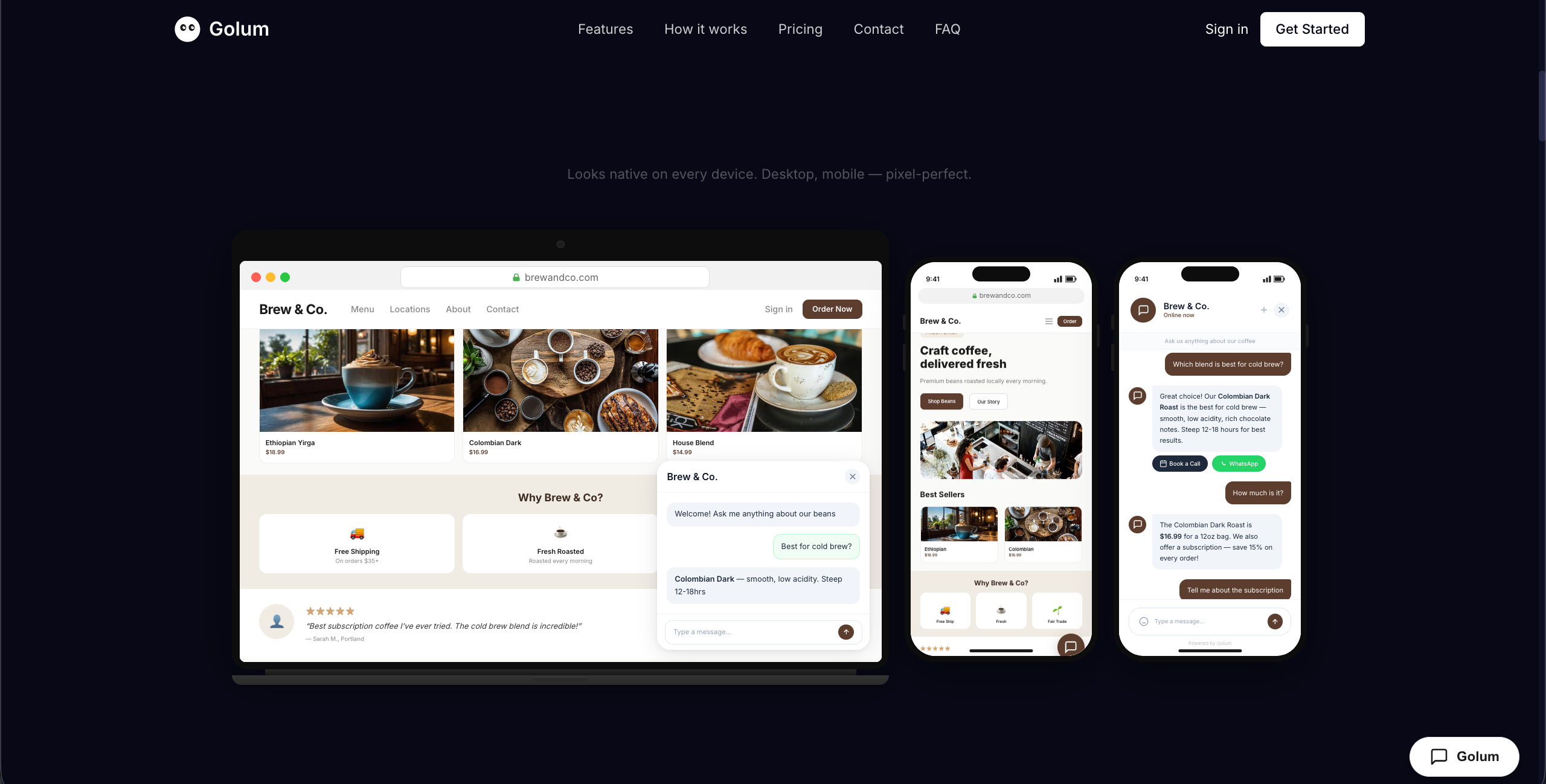 Golum chat widget live on a desktop site and two phones, pixel-perfect on every device