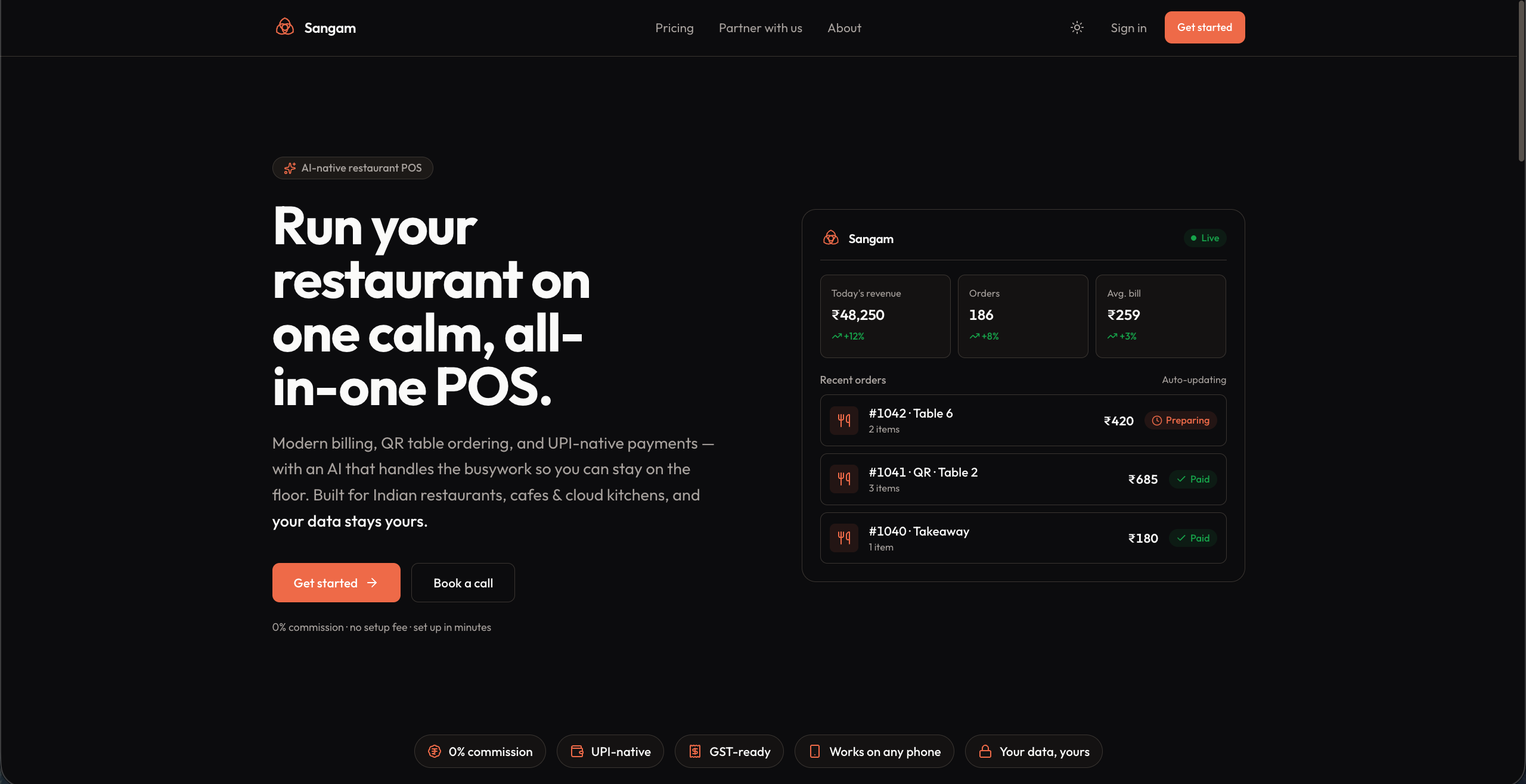 Sangam — AI-native restaurant POS landing