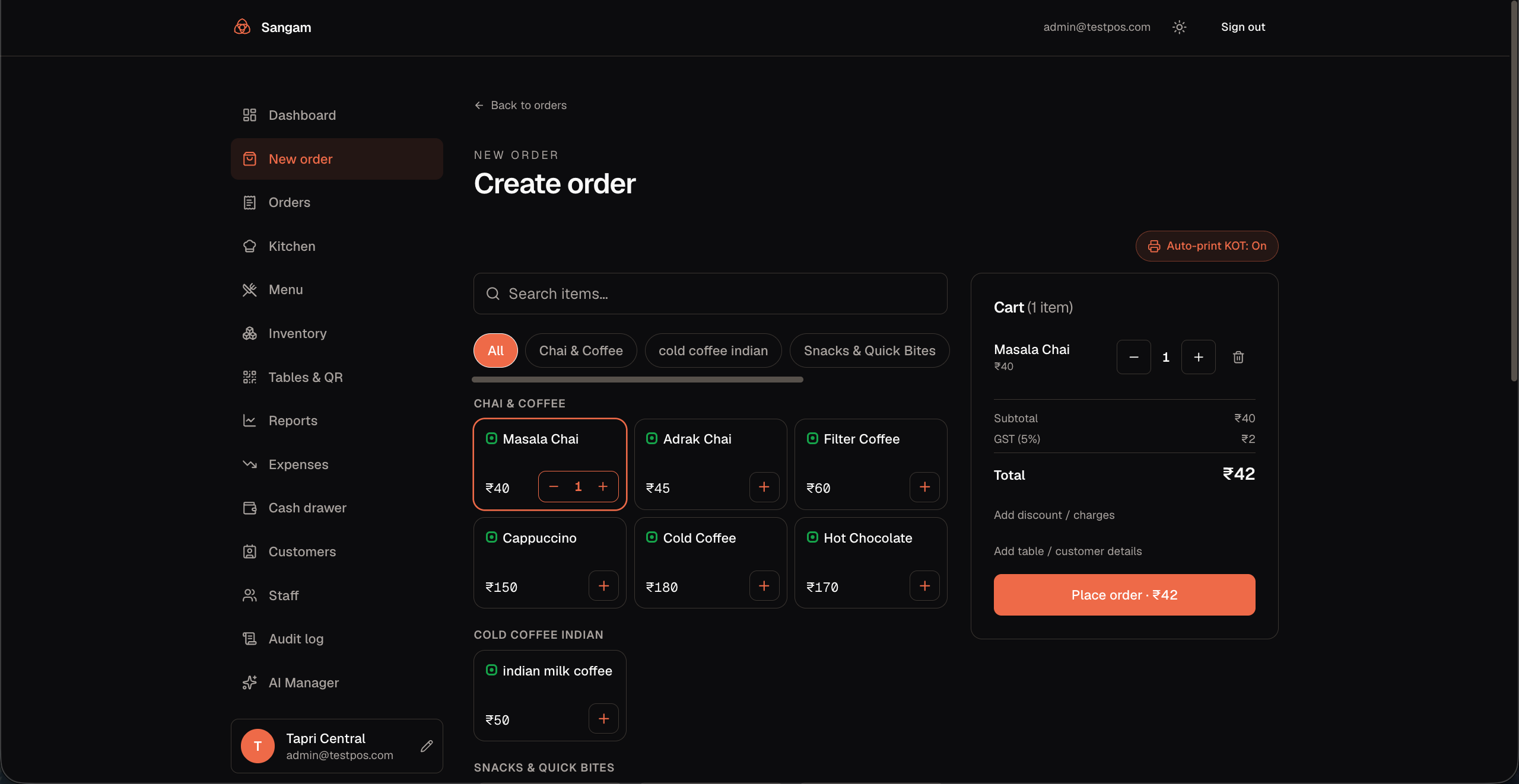 Sangam POS — create order and billing screen