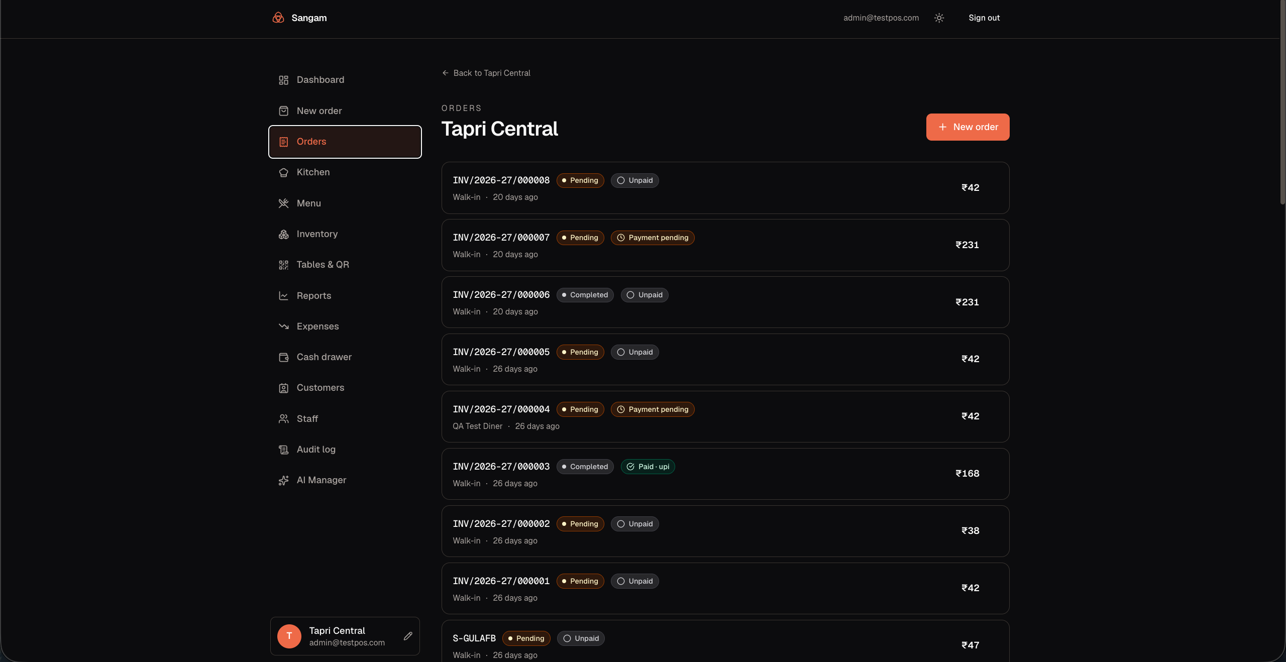 Sangam orders list with live statuses