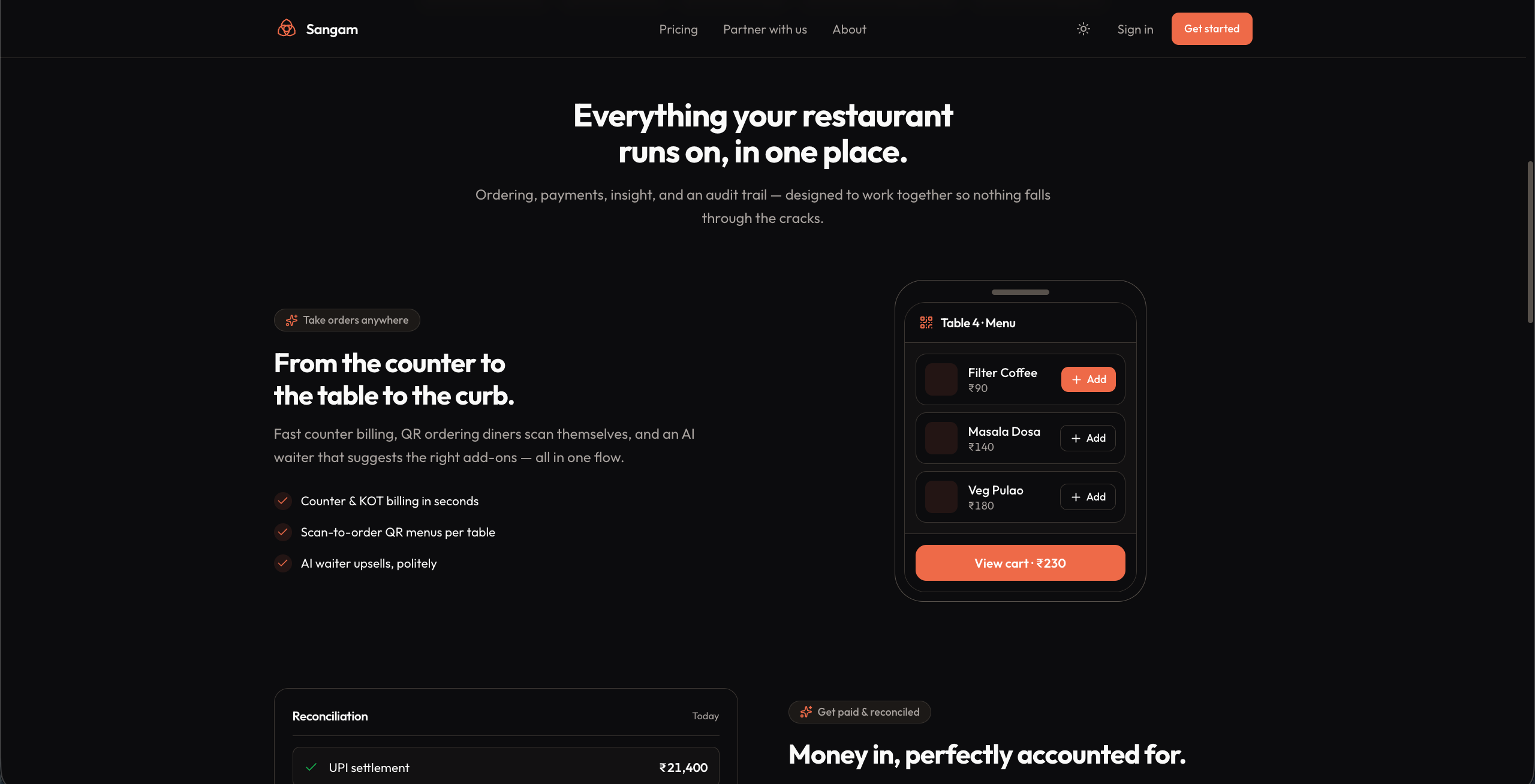 Sangam — counter to table to curb, QR ordering and AI waiter